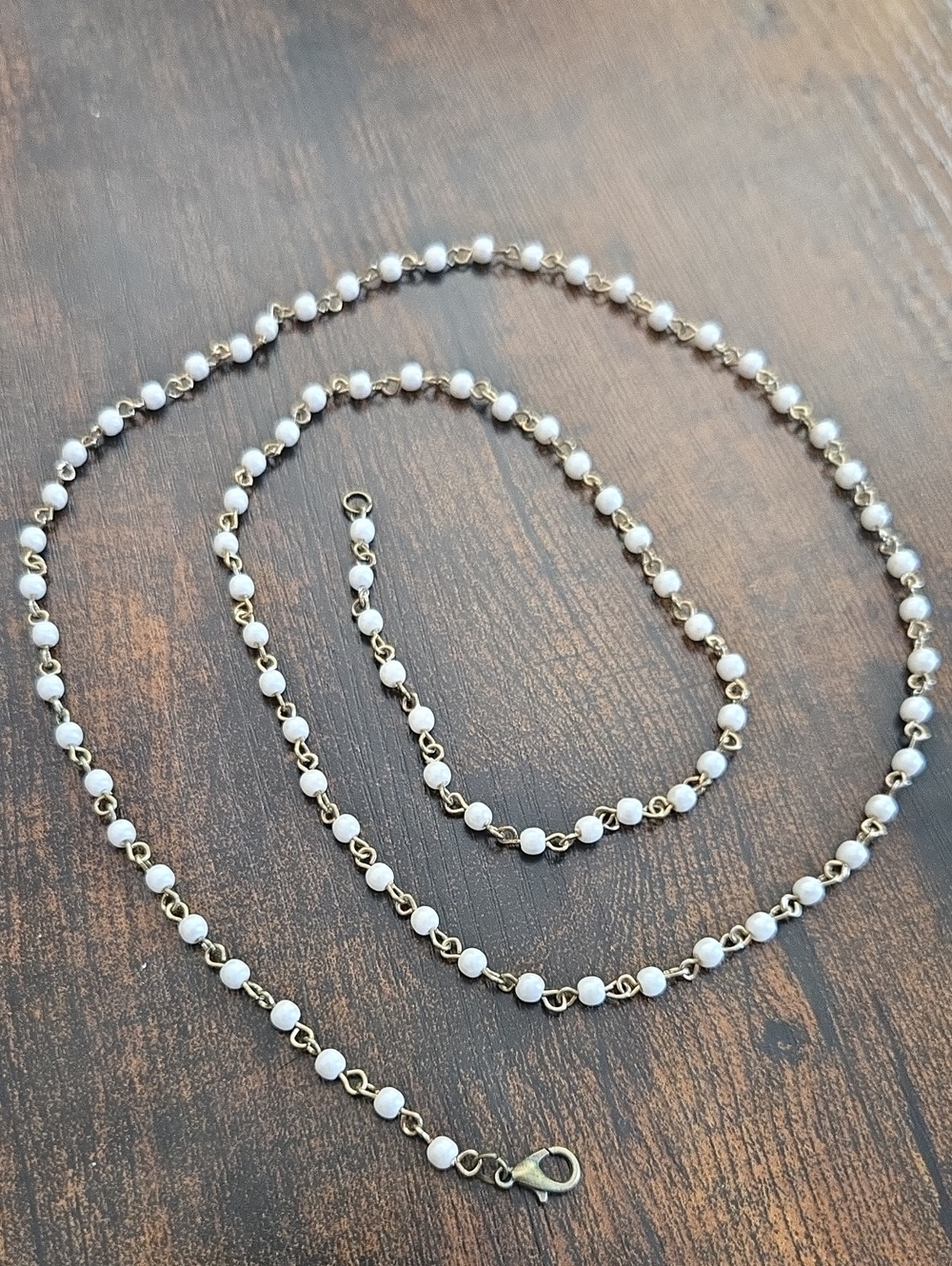 Delicate White Pearl Bead Gold-Tone Chain Long Necklace